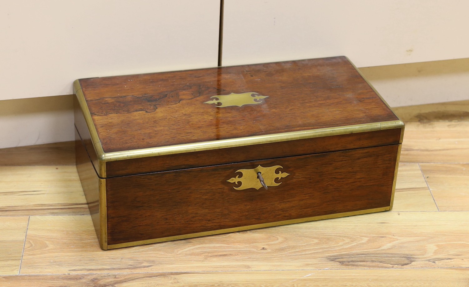A Victorian brass bound rosewood writing box, 50. 5cm wide